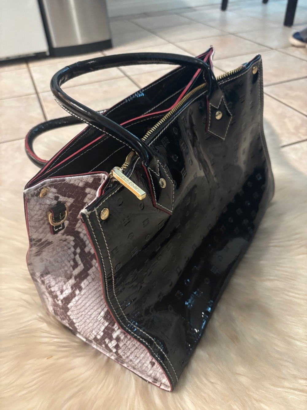 Arcadia Black Patent Tote with Snakeskin Sides